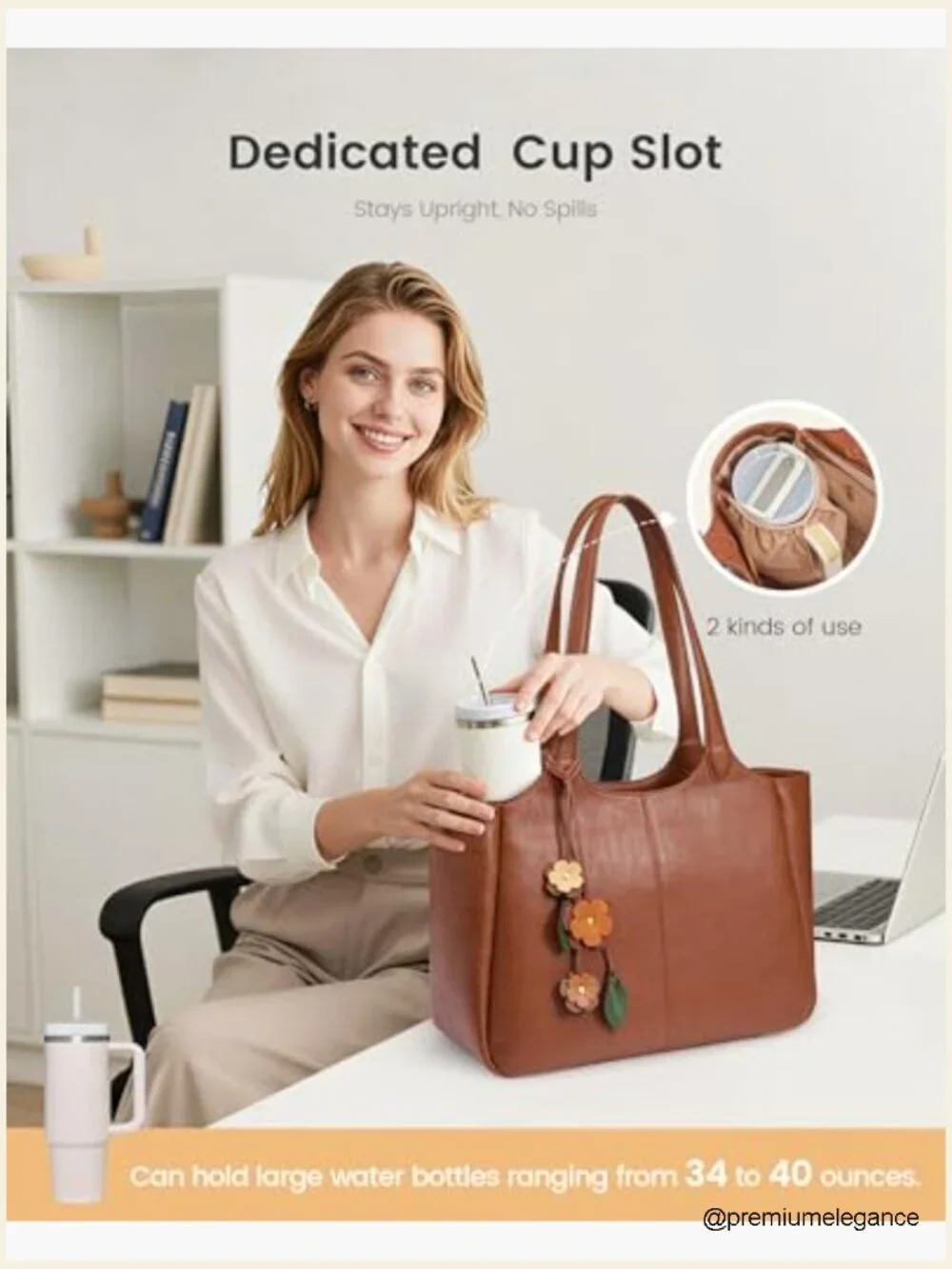 Vegan Leather Tote Bag with 40oz Cup Holder - Medium 22L